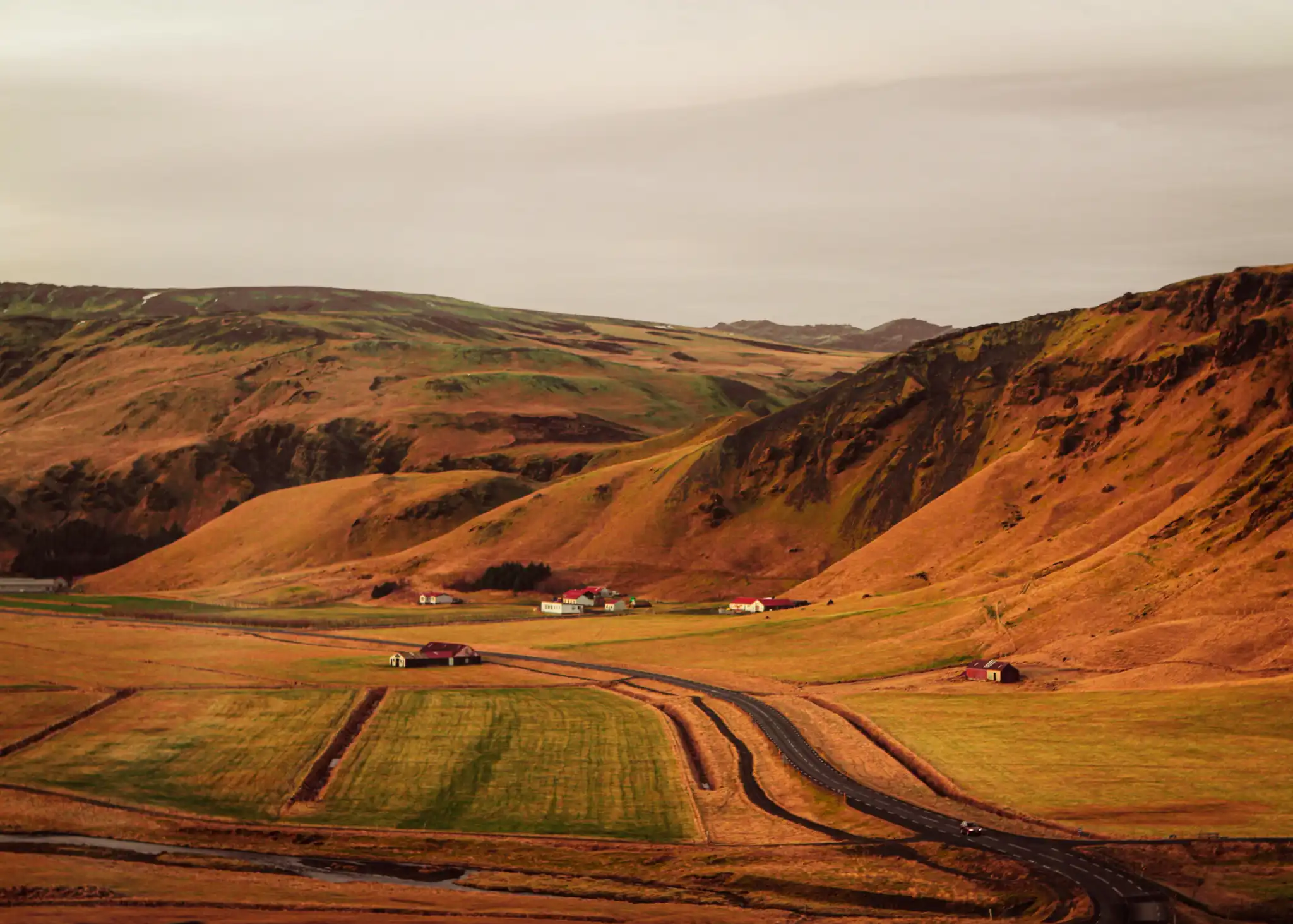 Icelandic valley farms at golden hour