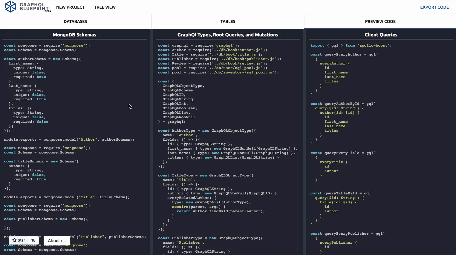 Realtime code preview: Mongoose schemas alongside generated GraphQL types, root queries, and mutations