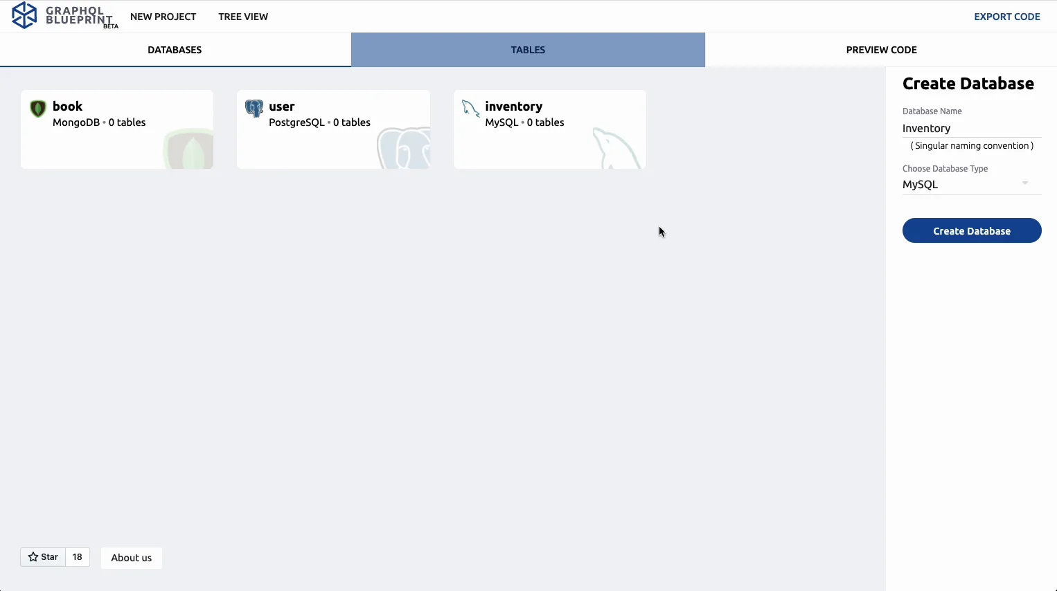 MongoDB, PostgreSQL, and MySQL databases modeled side by side in one GraphQL Blueprint project